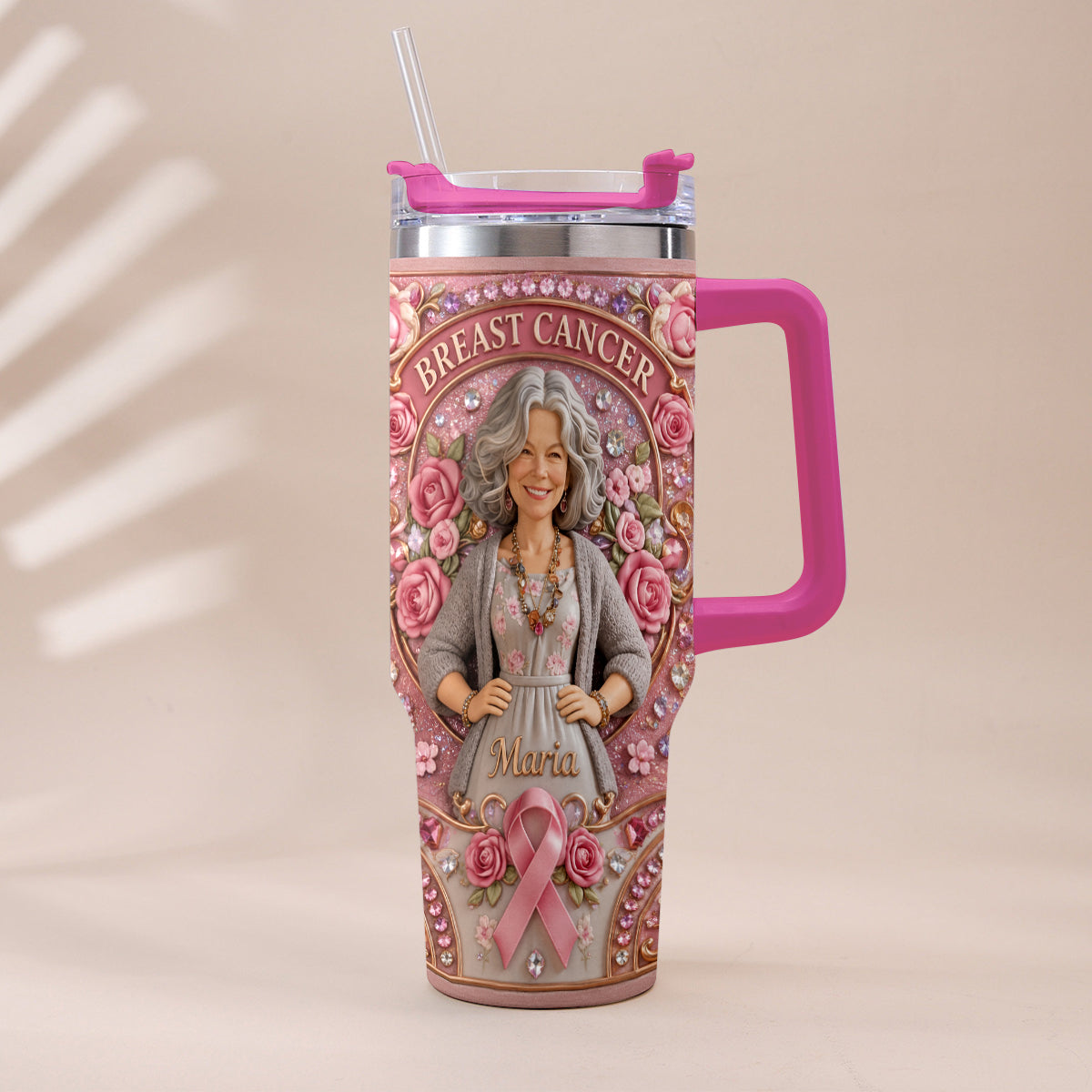 Hope Strength Love - Personalized Breast Cancer Awareness Tumbler With Plush Charm