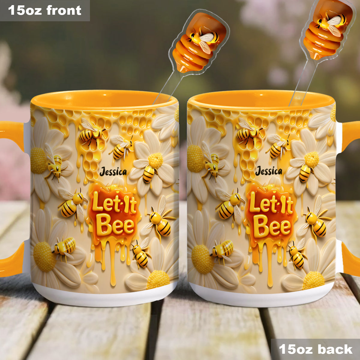 Let It Bee, Bee Flowers - Personalized Bee Set Accent Mug with Acrylic Stirrers