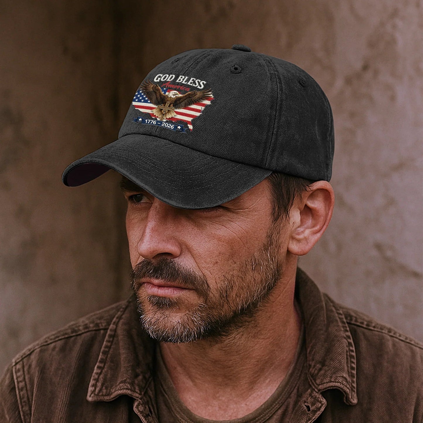 Personalized Washed Denim Baseball Cap, God Bless America Eagle Flag Design, Vintage Look Everyday Wear, Unique Gift