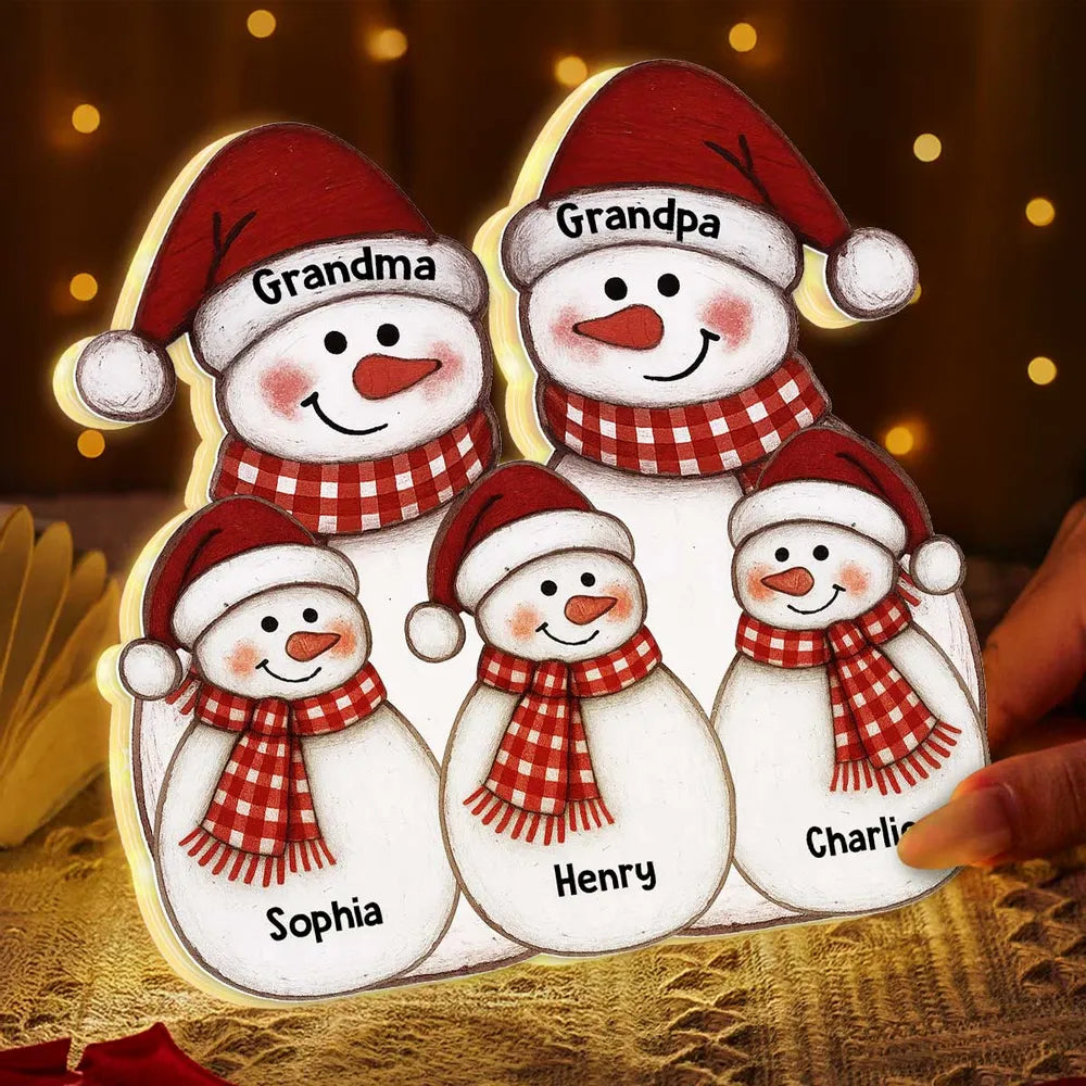 Acrylic Light Box with Folk-Art Snowman Family, Christmas decor, warm glow, unique personalized gift for Grandparents