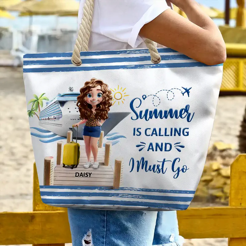 Personalized Rope Handle Canvas Bag Cruise Girl Beach Scene, Cute Cartoon Travel Gift for Cruise Lovers
