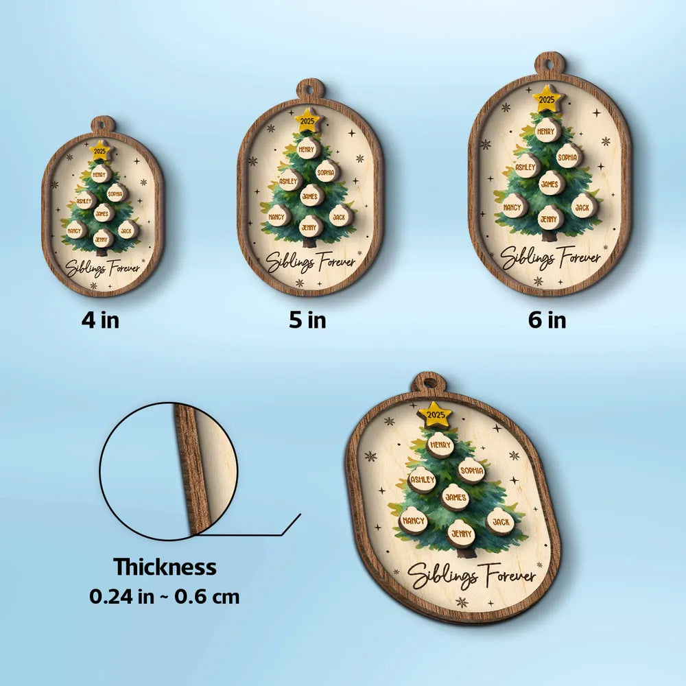 Personalized 2-Layer Wooden Ornament for Siblings Christmas Tree Decor, Custom Family Names Keepsake Gift