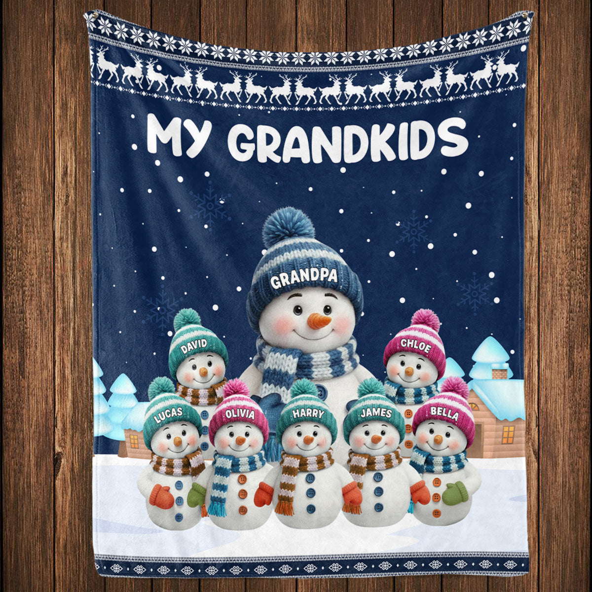 Custom My Grandkids Fleece Blanket, Cute Snowman Family Winter Scene, Warm Keepsake Throw and Thoughtful Grandparent Gift