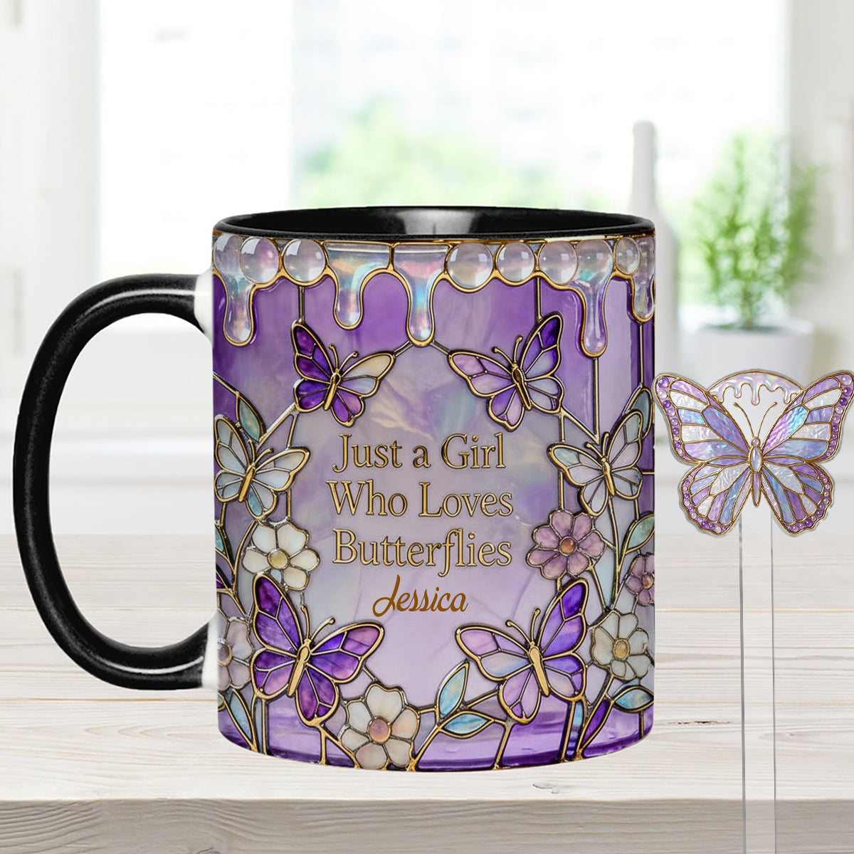 Just A Girl Who Loves Butterflies - Personalized Butterfly Set Accent Mug with Acrylic Stirrers