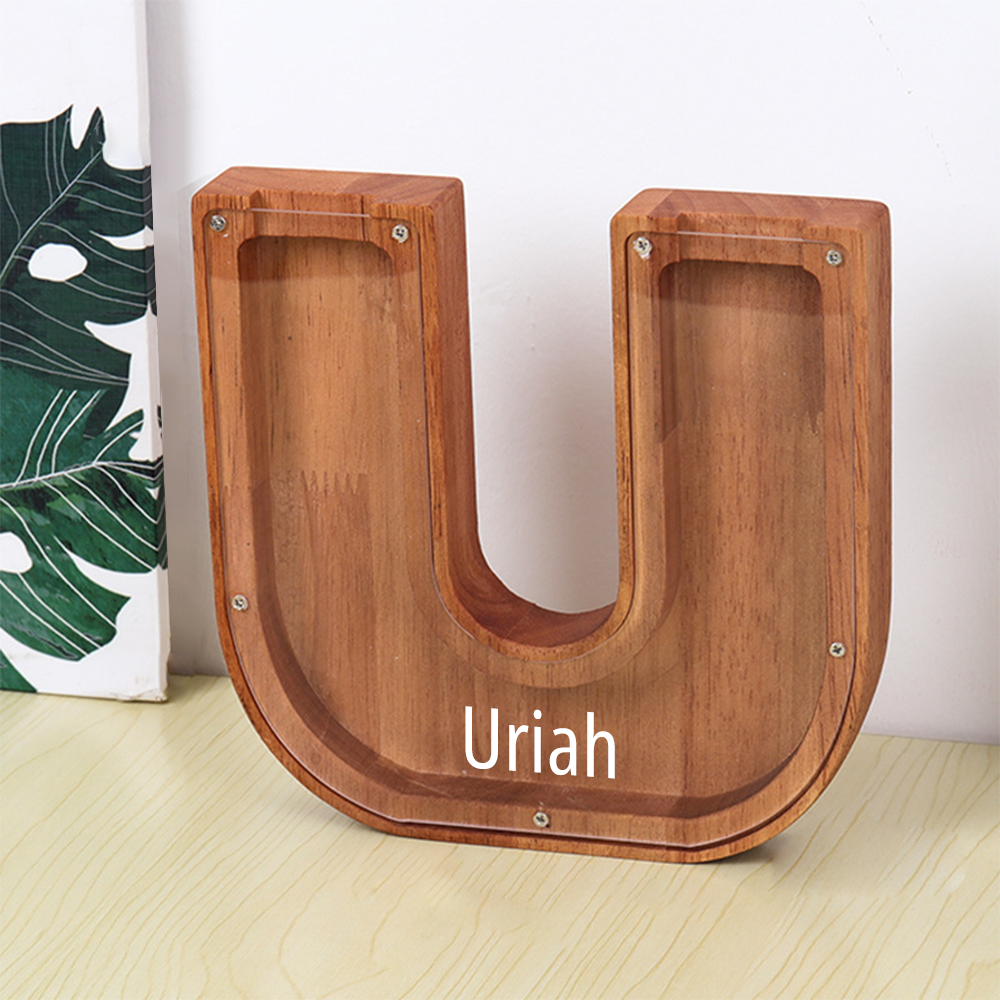 Custom Initial And Name - Personalized Letter And Name Brown Wooden Piggy Bank