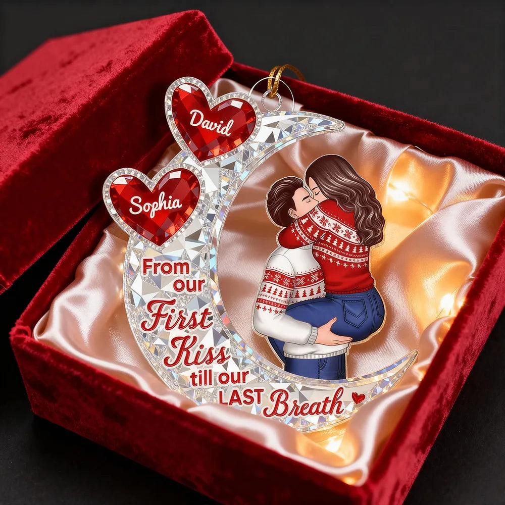 Custom Acrylic Ornament with Crescent Moon and Embracing Couple, Heartfelt From Our First Kiss Quote, Special Anniversary or Holiday Gift