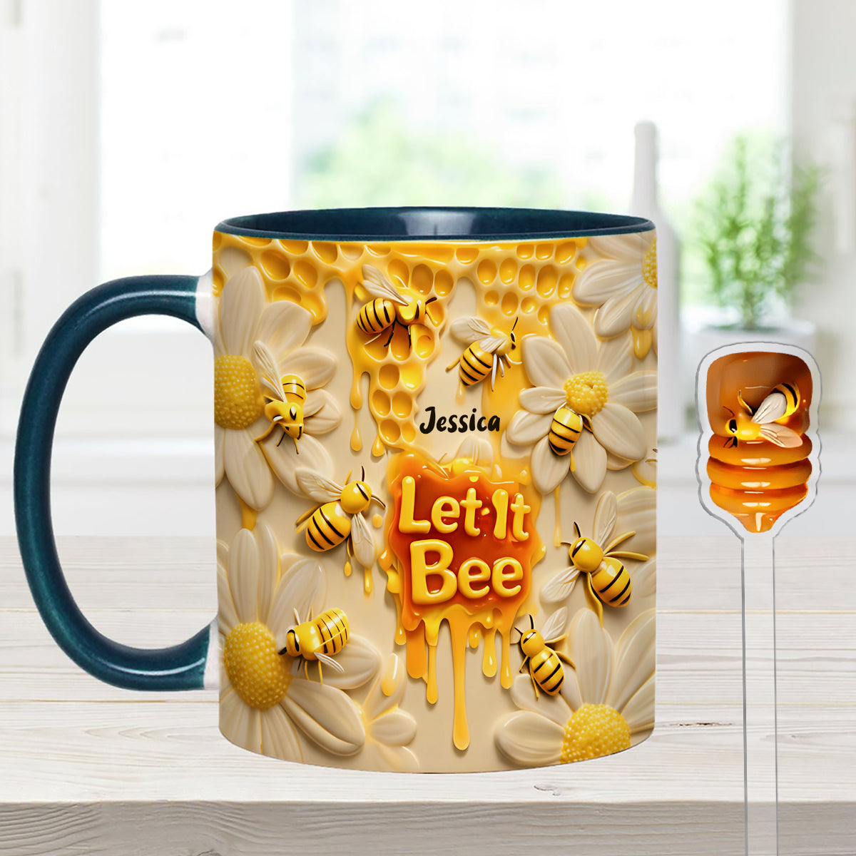 Let It Bee, Bee Flowers - Personalized Bee Set Accent Mug with Acrylic Stirrers