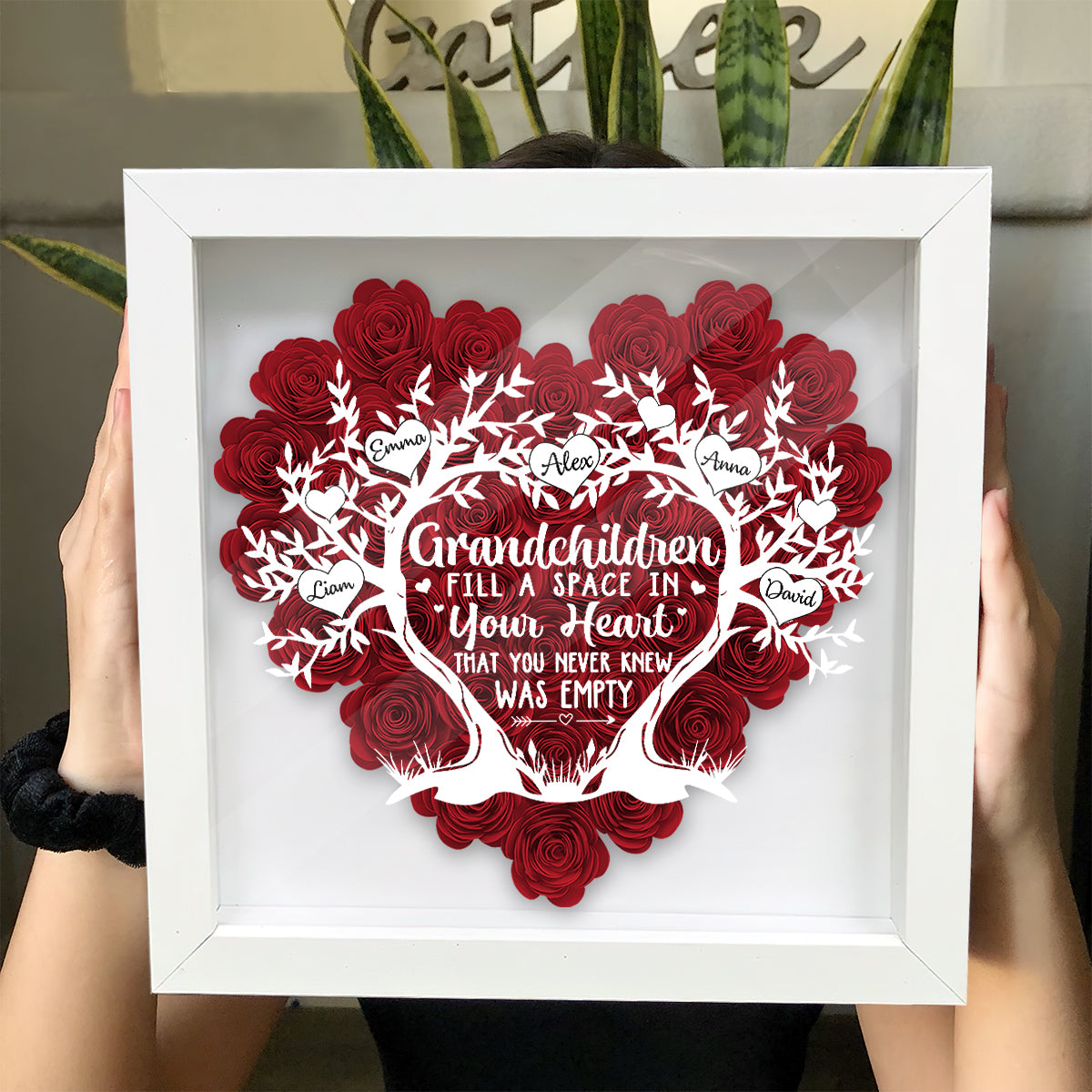 Grandchildren Fill A Space In Your Heart - Personalized Grandma Flower Shadow Box