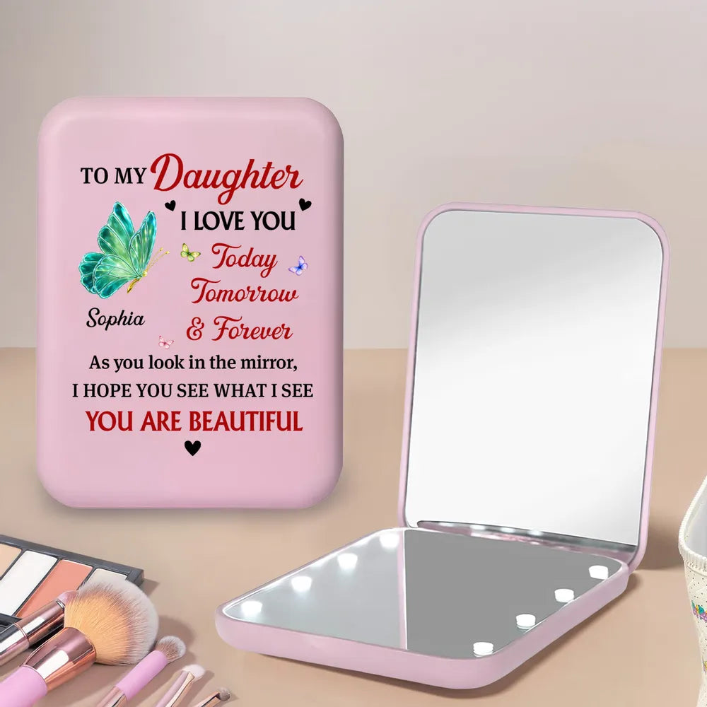 Personalized LED Pocket Mirror 'To My Daughter' Butterfly Quote, Sweet Everyday Reminder, Unique Gift for Daughter