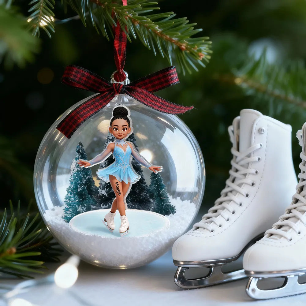 Snow Globe Ornament with 3D Christmas Trees & Figure Skater - Unique Gift for Daughters or Granddaughters