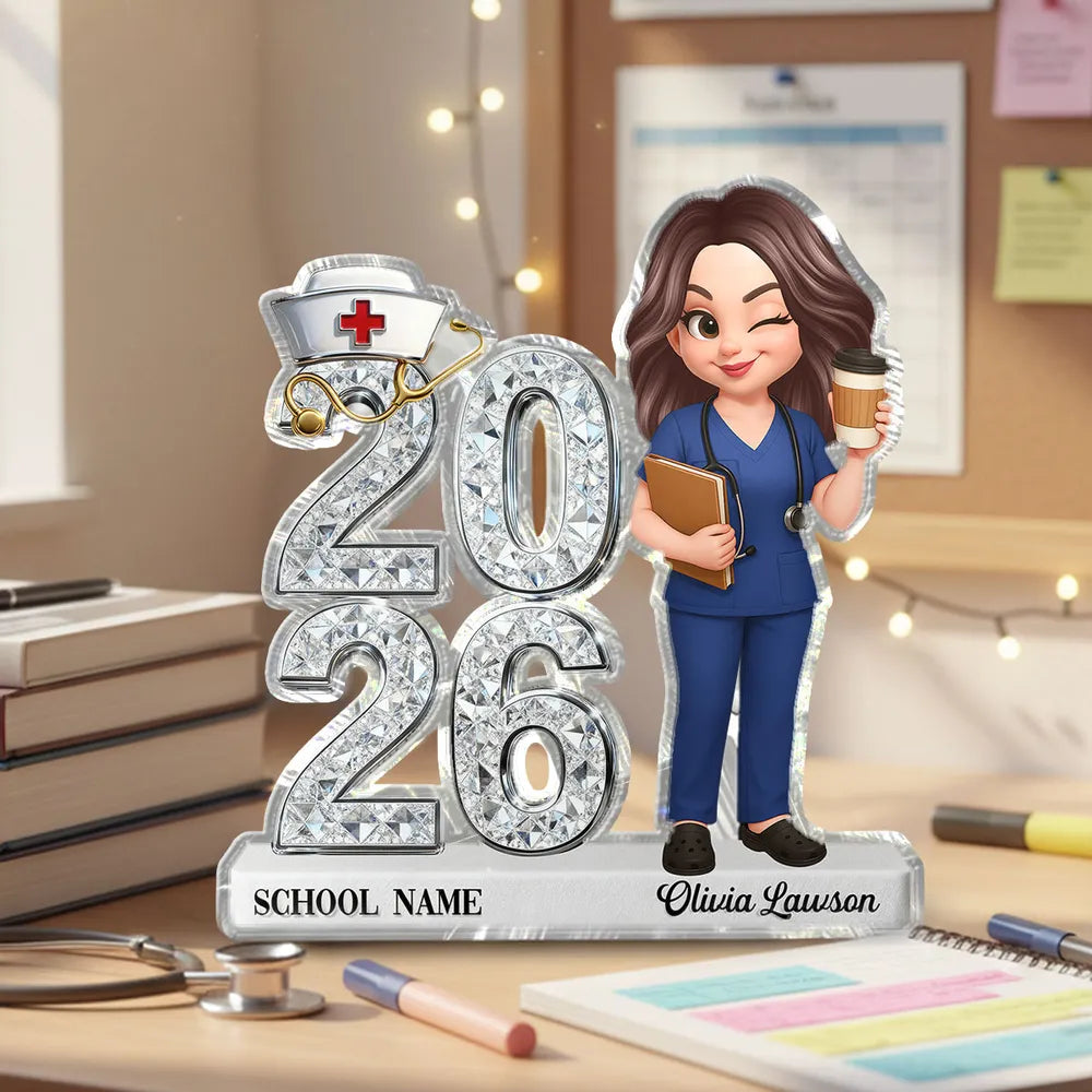 Personalized Shaped Acrylic Block Plaque for Nursing Graduation Class Gift, Cute Nurse Holding Coffee Keepsake