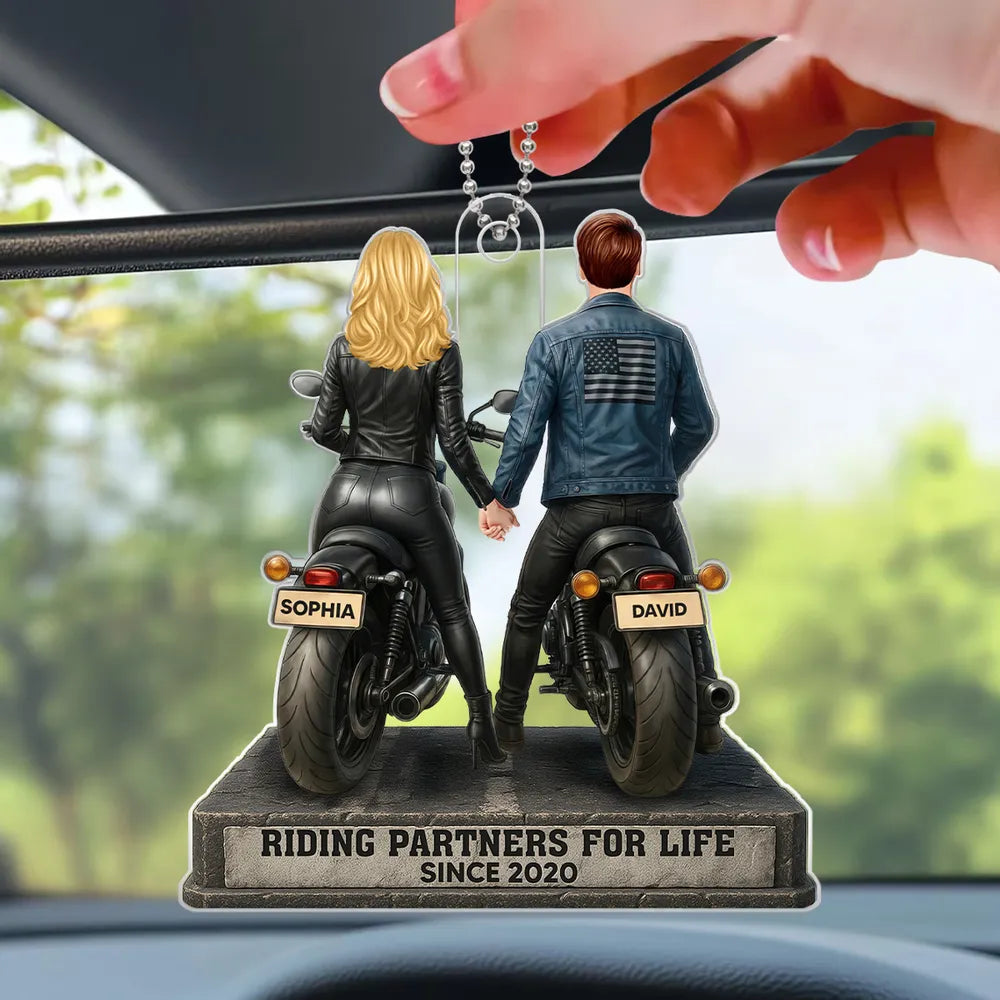 Riding Partners for Life Acrylic Car Hanger, Personalized Couple on Motorcycles Rearview Mirror Decor, Sentimental Gift for Couples