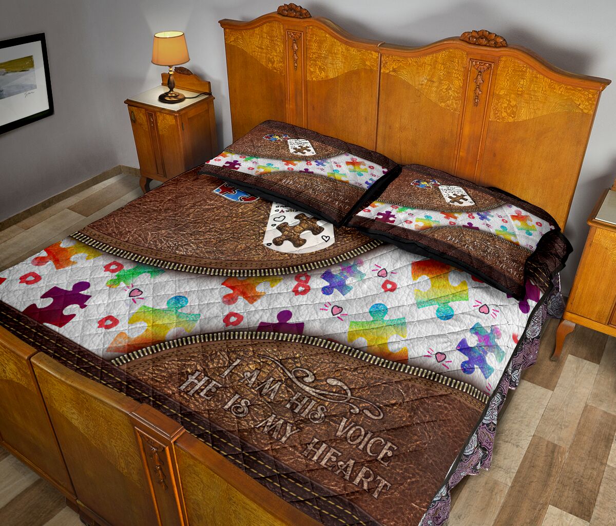I Am His Voice He Is My Heart Leather Pattern Print Autism Awareness Quilt Set 0622