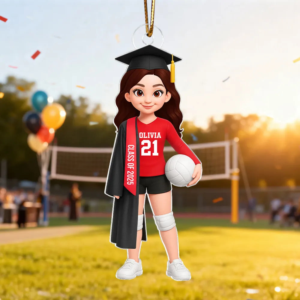 Graduation Volleyball Girl Acrylic Ornament with custom name & year, sporty keepsake gift for students and athletes