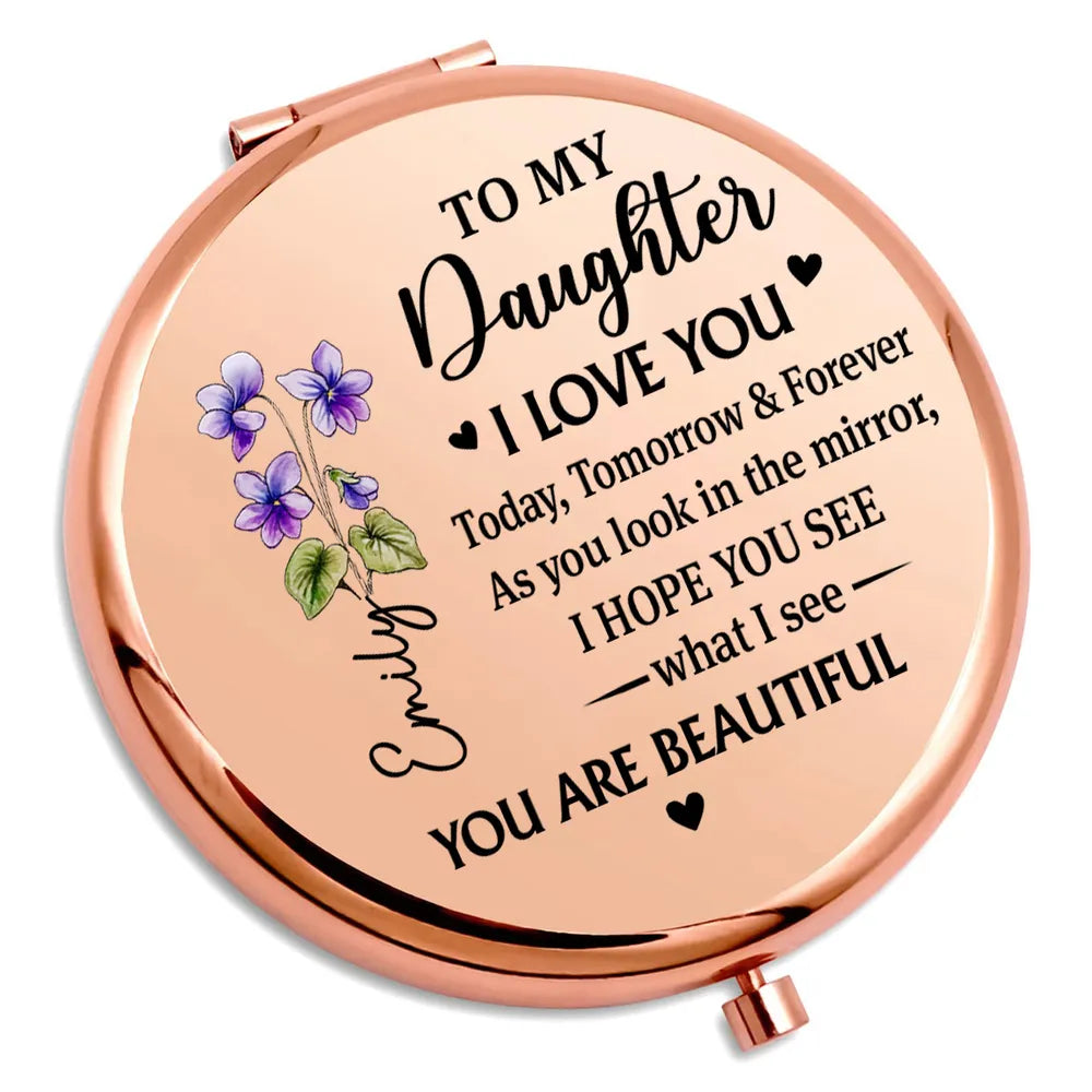 Metal Compact Mirror for Daughter, Floral Rose Gold Keepsake, 'I Love You' Message, Unique Creative Gift for Her