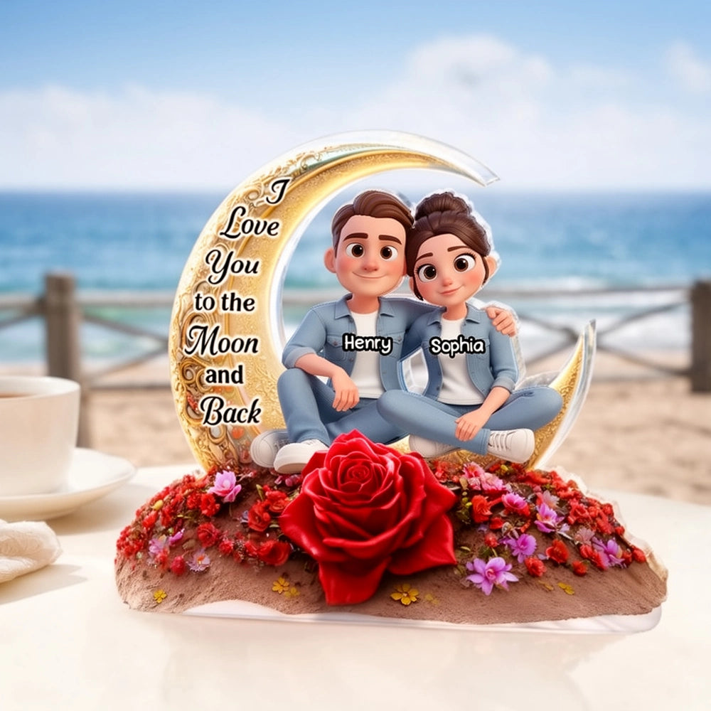 Personalized Shaped Acrylic Block Plaque Moon & Rose Couple Sitting by the Sea Unique Romantic Gift for Him or Her
