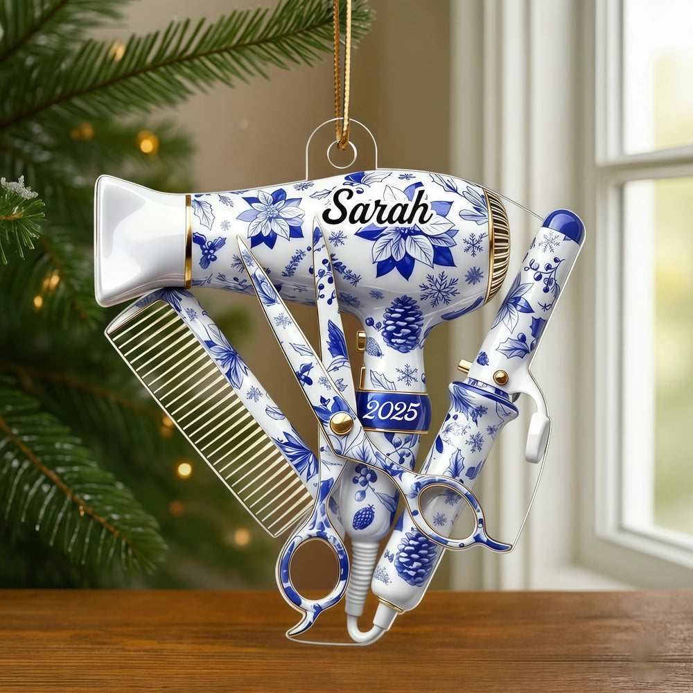 Hairdresser Things Acrylic Ornament with Custom Name – Elegant Blue Floral Salon Tool Design, Festive Tree Decor and Creative Gift for Your Favorite Stylist