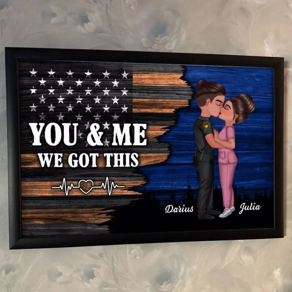 Hero Couple Kissing Half Flag Gifts by Occupation Firefighter, Nurse, Police Officer - Personalized Horizontal Poster or Canvas or Plaque or Pillow or Wallet or Wallet Card or Cap or Cup