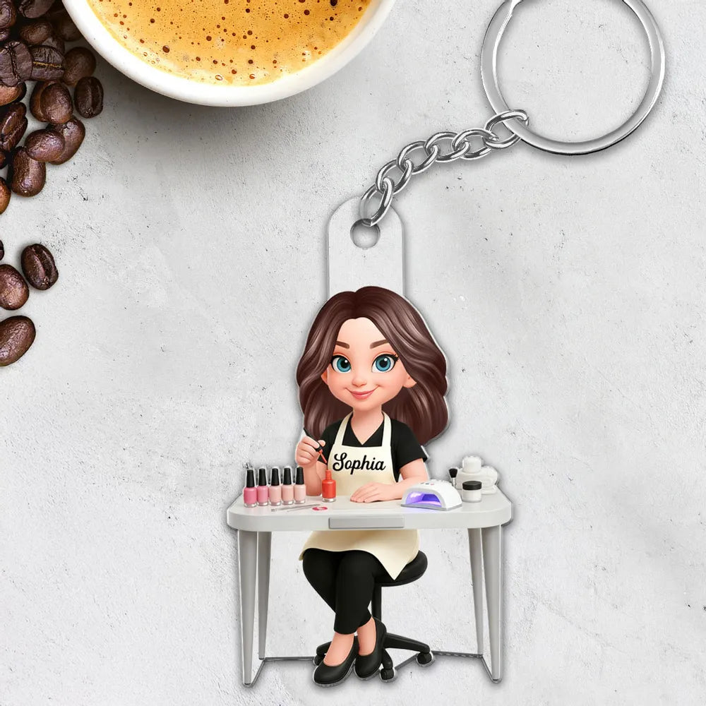Personalized Nail Technician Acrylic Keychain, Cute Salon Desk Cartoon Charm, Unique Gift for Her