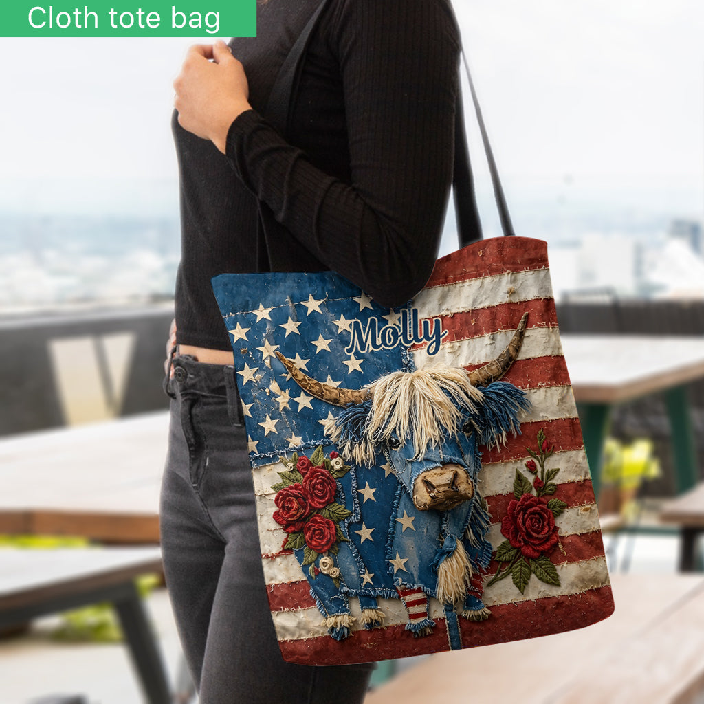 Highland Cow With Flag Pattern - Personalized Highland Cow Tote Bag