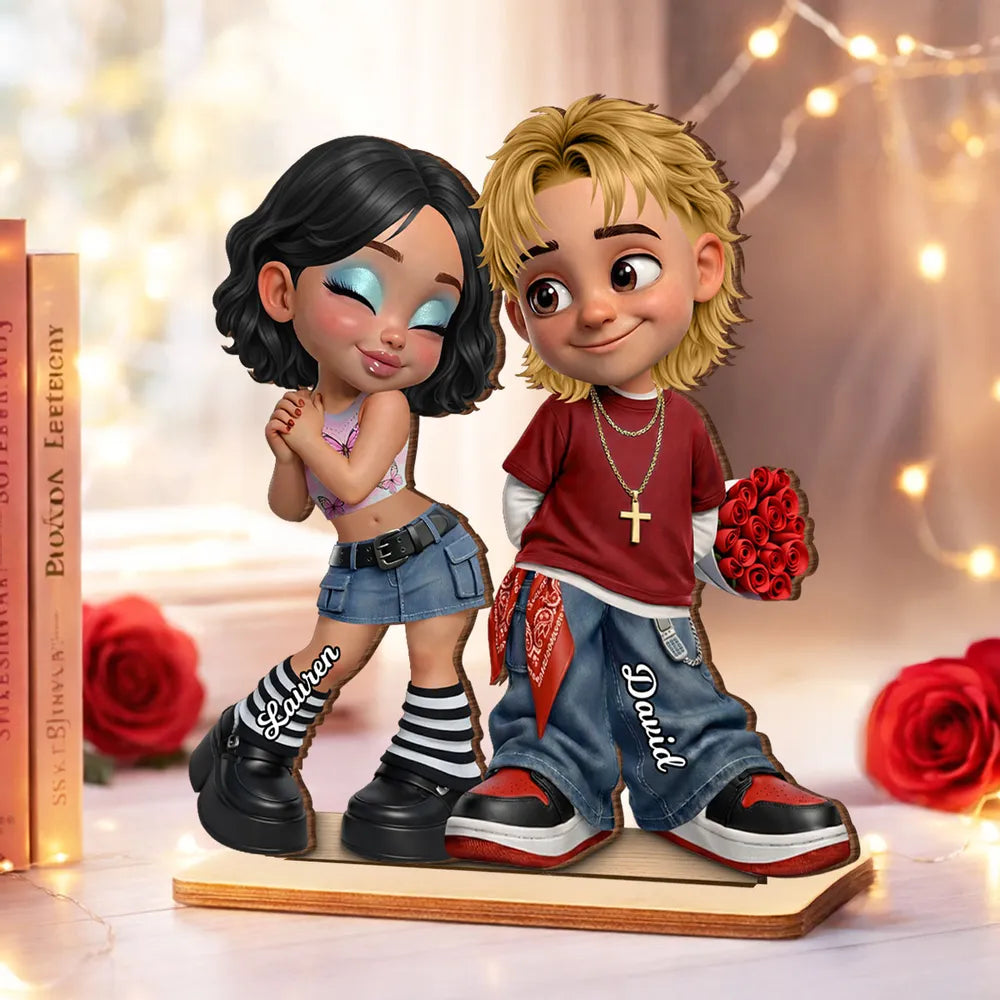 Personalized 2-Layer Wooden Plaque Y2K Style Couple Holding Roses, Unique Gift for Him or Her, Sweet Romantic Desk Decor