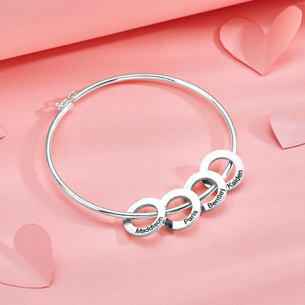 Any Name - Personalized Family Bangle Bracelet with Heart/Round Pendants