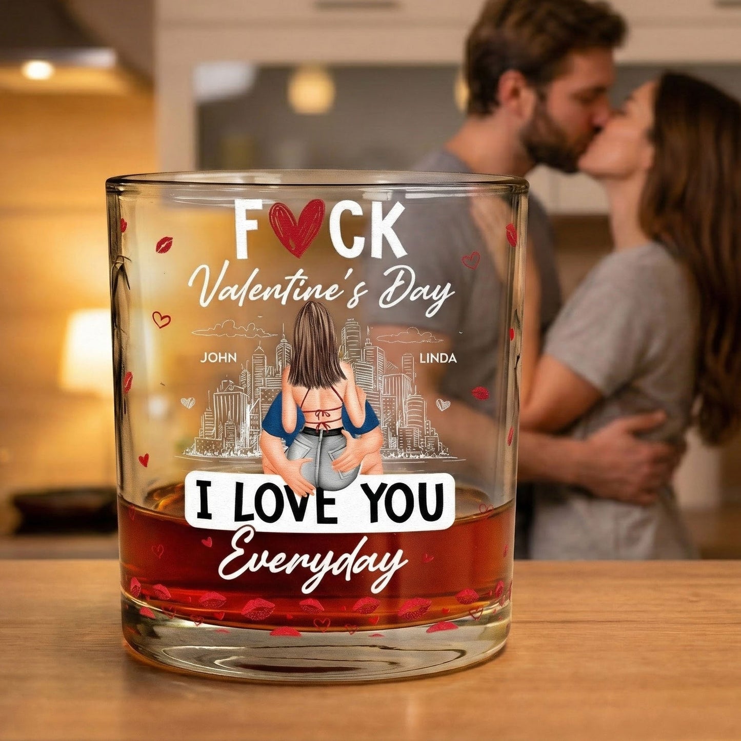 Personalized Whiskey Glass With Cheeky Valentine's Quote, Kissing Couple Design, Unique Gift For Husband Or Boyfriend