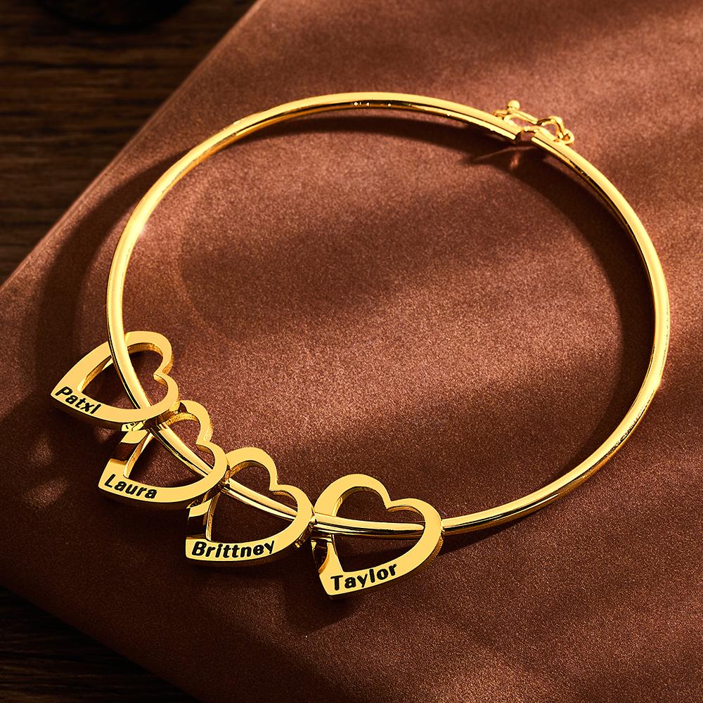 Any Name - Personalized Family Bangle Bracelet with Heart/Round Pendants