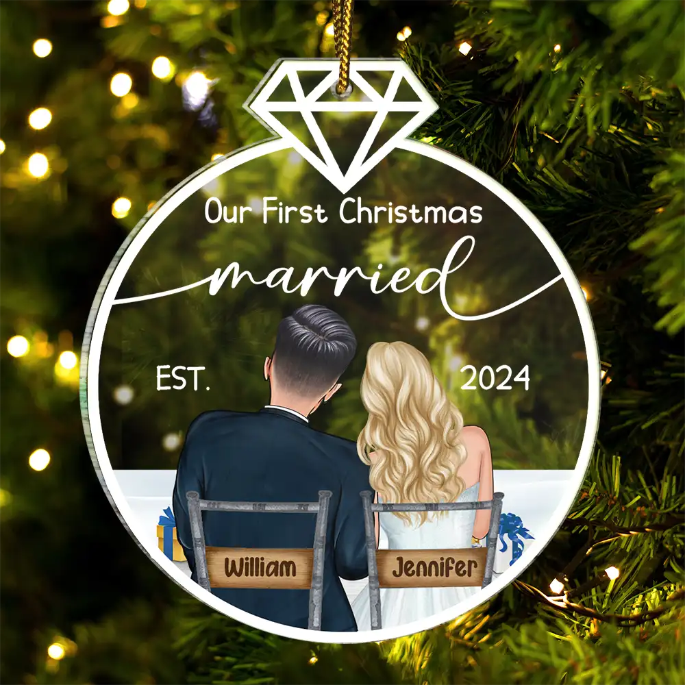 Our First Christmas Married Ornament – Personalized Acrylic Ornament with Romantic Couple Back Design