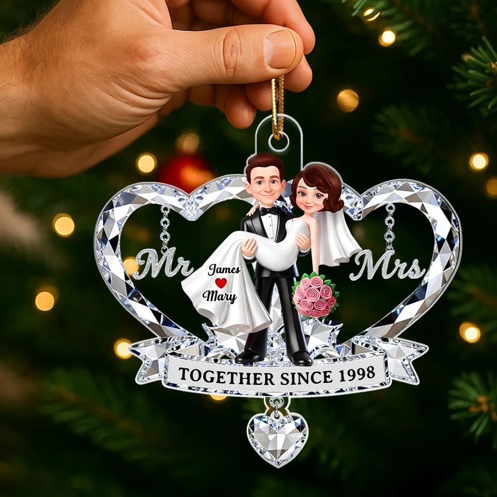 Personalized Acrylic Ornament for Couple, Mr & Mrs Bride in Groom's Arms, Christmas Tree Keepsake Unique Gift