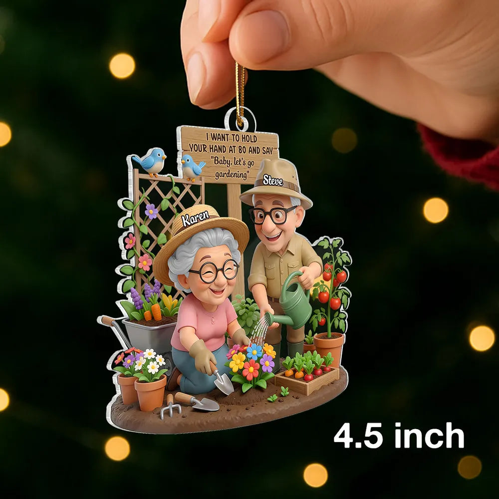 Acrylic Ornament 'Baby, let's go gardening' Sweet Old Couple Garden Scene Keepsake Unique Christmas Gift for Him & Her