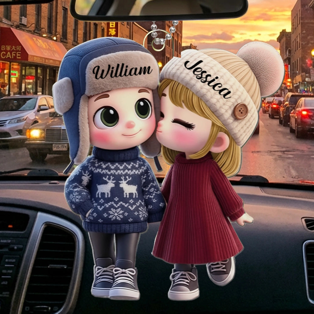 Personalized Acrylic Car Hanger Cute Cartoon Kissing Couple in Winter Hats, Unique Romantic Gift for Husband or Wife