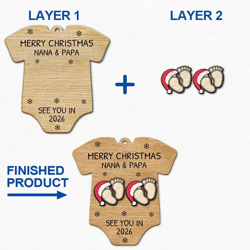 Custom Baby Announcement 2-Layer Wooden Ornament – Onesie Shape with Tiny Footprints – Adorable Nursery Decor and Creative Holiday Gift for Mommy and Daddy