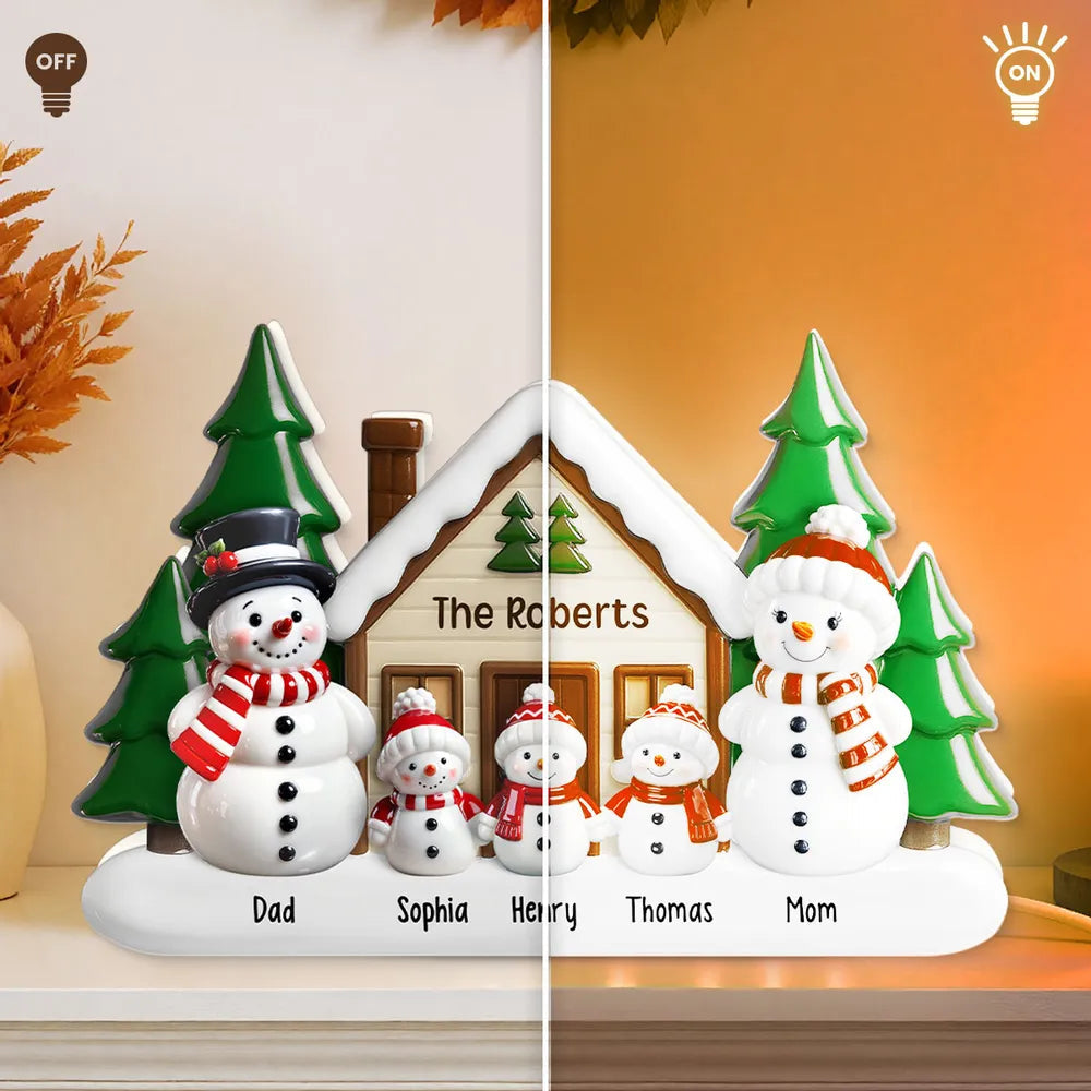 Acrylic Light Box Snowman Family Cabin, Warm Glow Christmas Decor, Custom Design, Unique Gift for Grandparents