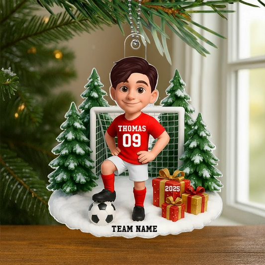 Kids Soccer Goal Ornament with Snowy Ball & Net Scene | Holiday Gift