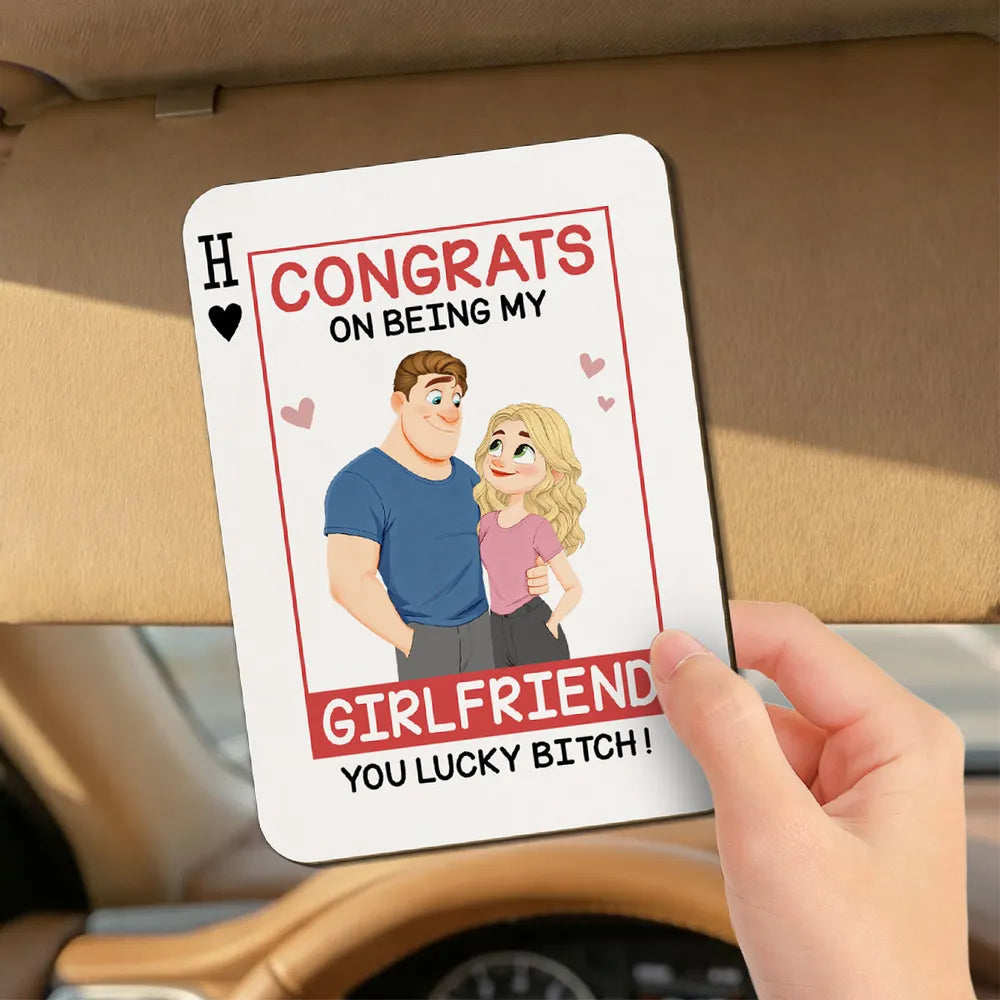 Personalized Wooden Car Visor Clip Funny Couple Illustration Card Style Car Decor, Unique Gift for Wife