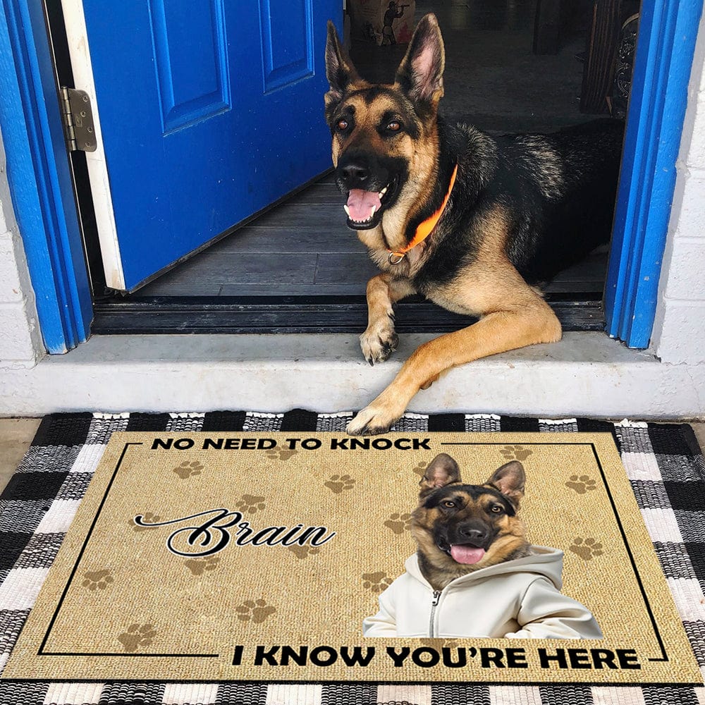 Personalized Doormat for Dog Lovers – Customizable Dog Photo Mat with Message, "No Need to Knock, I Know You’re Here", Perfect Gift for Pet Owners, Home Decor for Dog Families