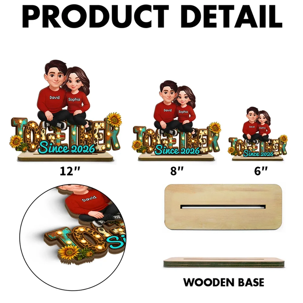 2-Layer Wooden Plaque with Cute Cartoon Couple Sitting Together, Sweet Home Decor Keepsake Gift