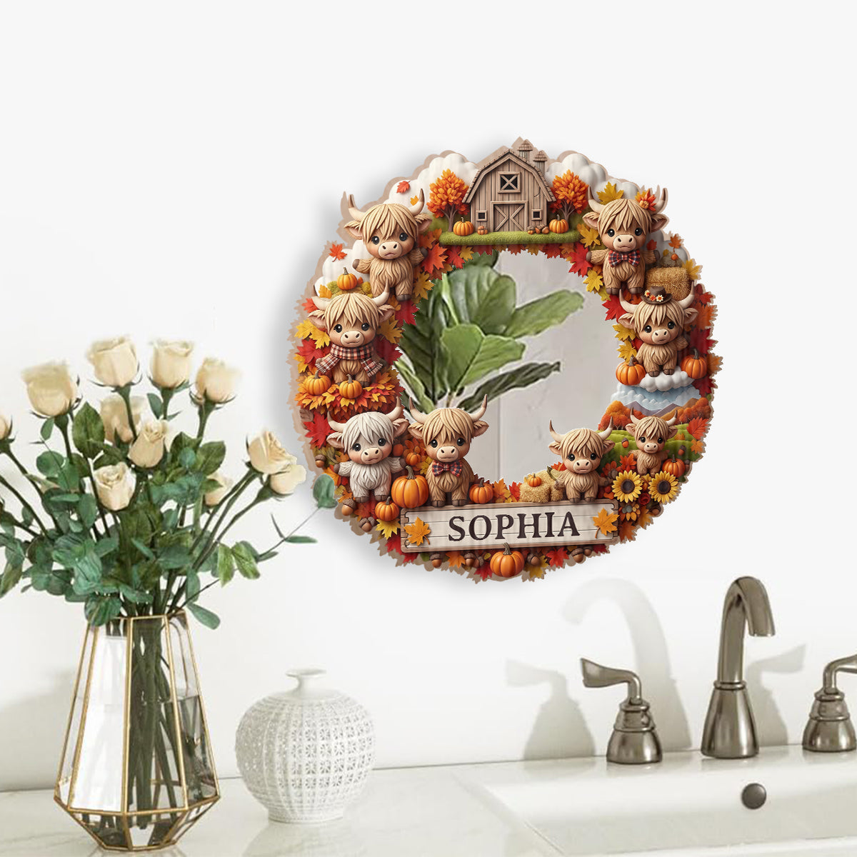 Autumn Highland Cows - Personalized Highland Cow Wall Hanging Mirror