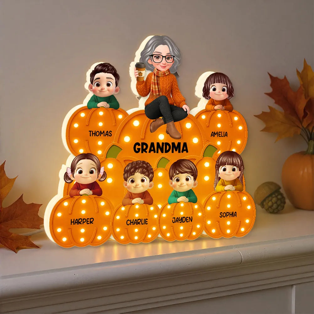 Personalized Acrylic Light Box for Grandma and Grandkids, pumpkin stack design, warm glow, fall décor keepsake, perfect gift for Halloween and Thanksgiving