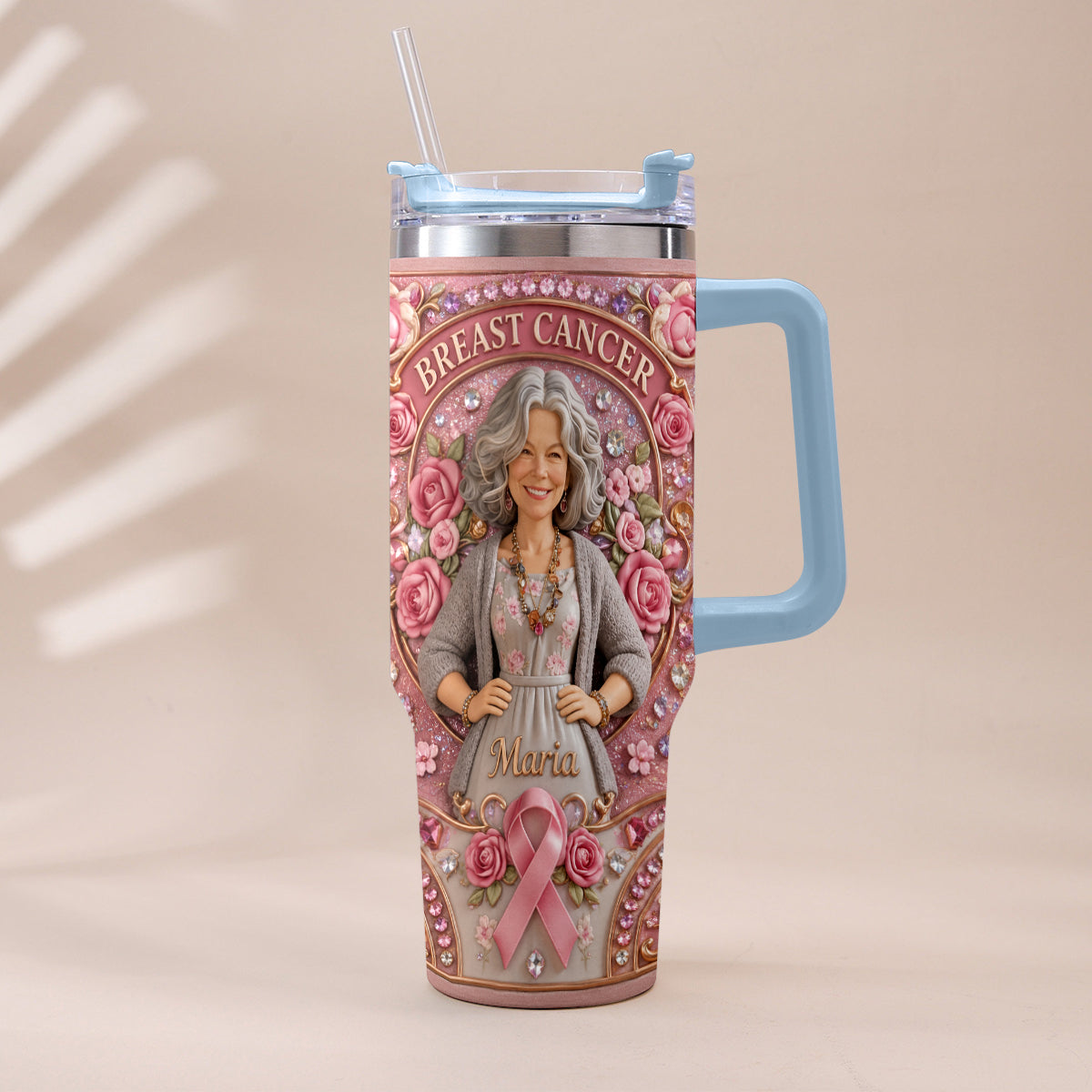 Hope Strength Love - Personalized Breast Cancer Awareness Tumbler With Plush Charm