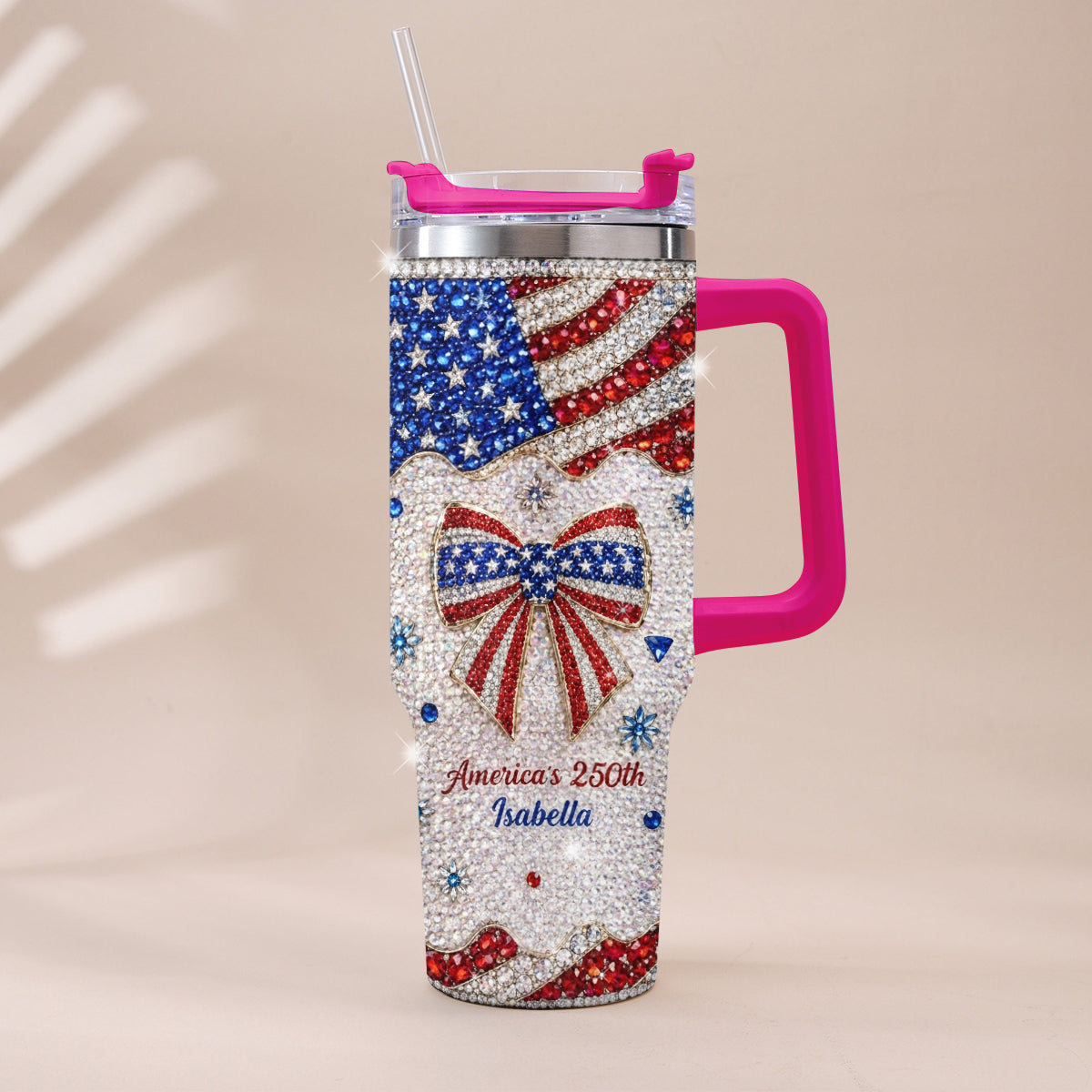 America's 250th Bow - Personalized Independence Day/ 4th of July Rhinestone Tumbler With Plush Charm