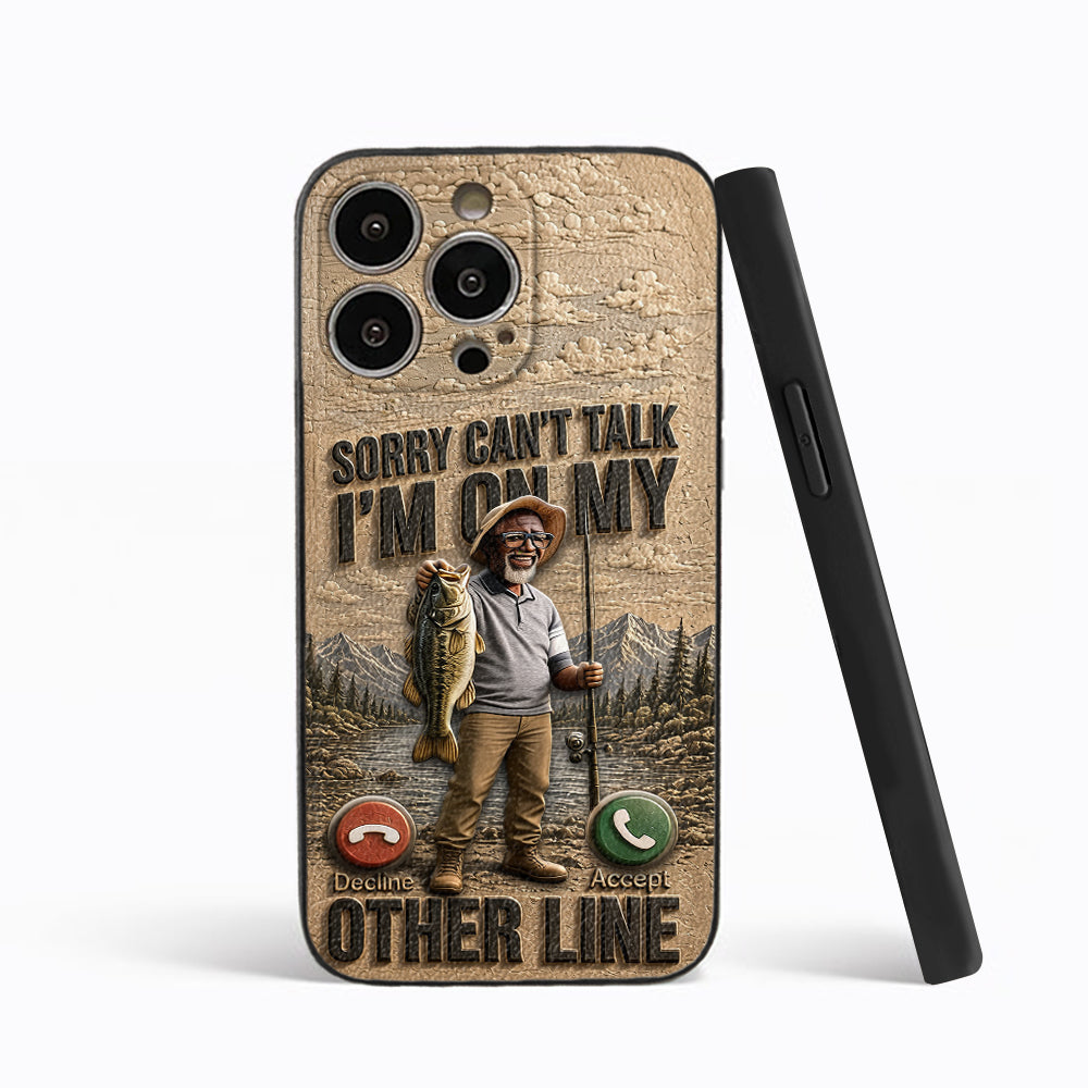 I'm On My Other Line, Fishing Lover Gift - Personalized Fishing 3D Embossed Leather Phone Case