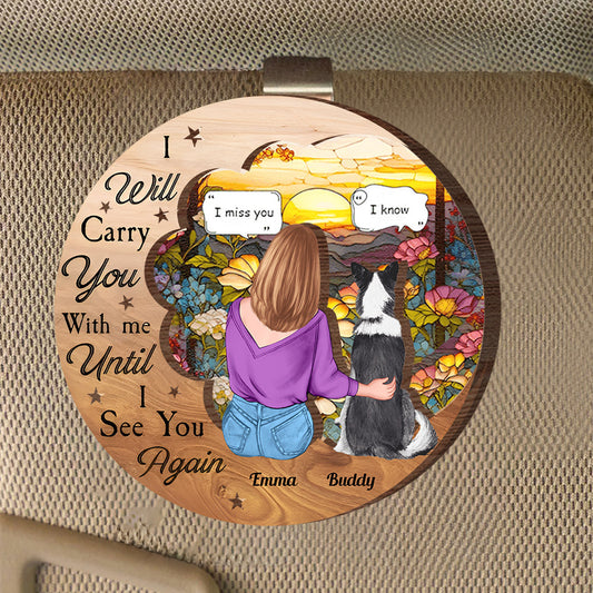 Personalized Car Visor Clip with Heartfelt Dog and Owner Illustration – Perfect Gift for Couples Who Cherish Their Pets