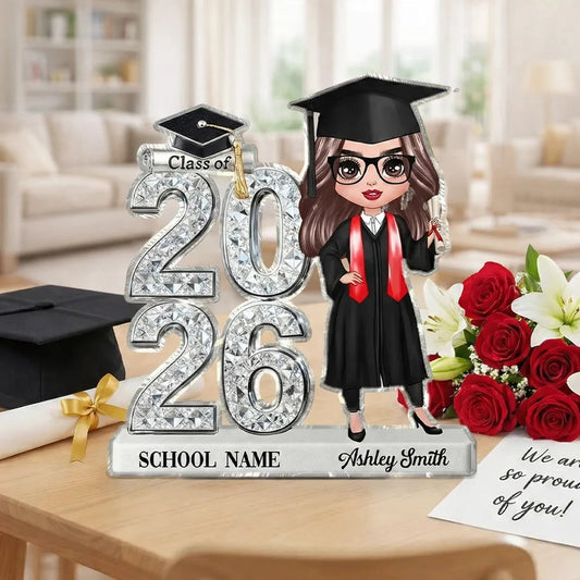 Shaped Acrylic Block Plaque Personalized for Graduation, Glam Class Year Display with Grad Girl Holding Diploma, Thoughtful Gift