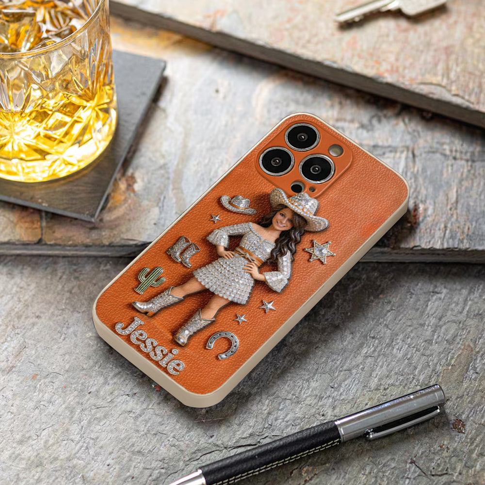 Cowgirl Spirit - Personalized Cowgirl 3D Embossed Leather Phone Case