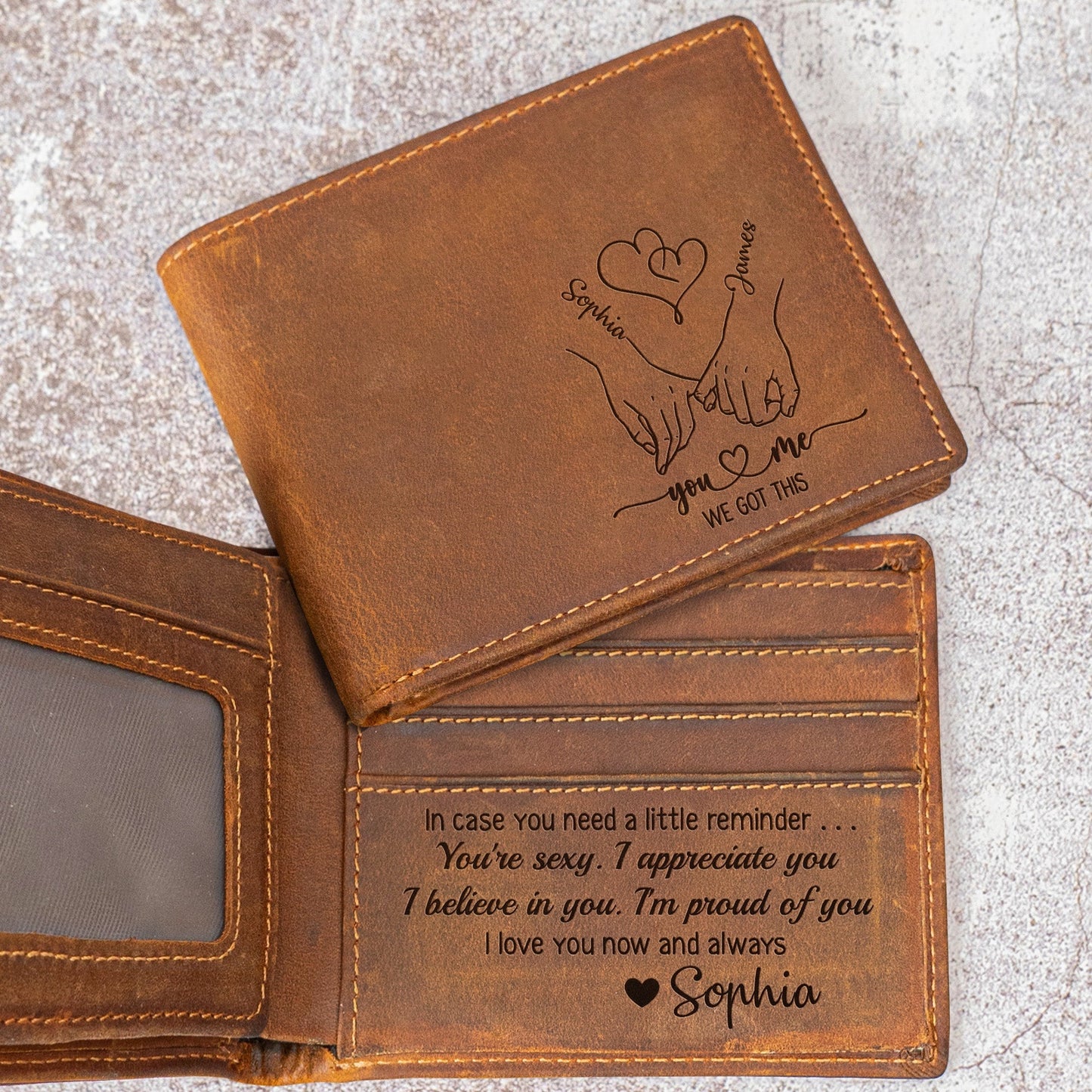 Personalized Cowhide Leather Wallet With Holding Hands Love Line Art Unique Romantic Gift For Boyfriend Or Husband