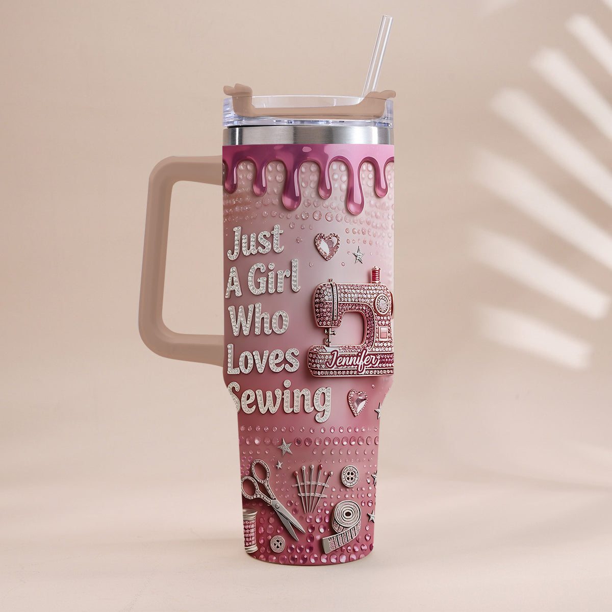 Just A Girl Who Loves Sewing - Personalized Sewing Tumbler With Handle