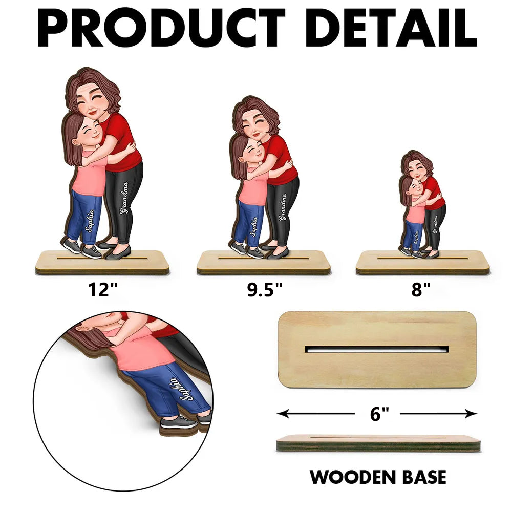 Wooden Plaque Personalized Hugging Grandma & Grandkid Freestanding Decor, Warm Cartoon Style, Unique Gift for Grandma