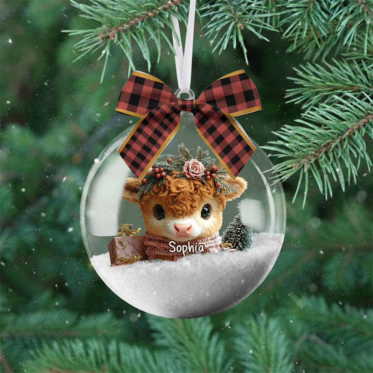Highland Cow Christmas - Personalized Highland Cow Snow Globe Ornament With Bow